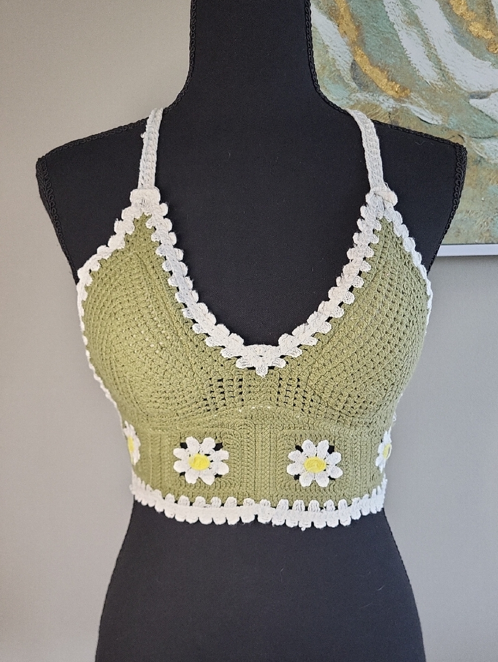 Olive Green Crochet Daisy Bralette Top